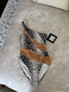 Norma Kamali Black and White Python-Print Mesh Swimsuit